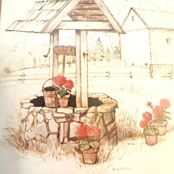 Wesley Hall Framed Wood Prints Set of 2 Wishing Well Wheelbarrow 1970s 12.5x10.5 - Picture 6 of 8